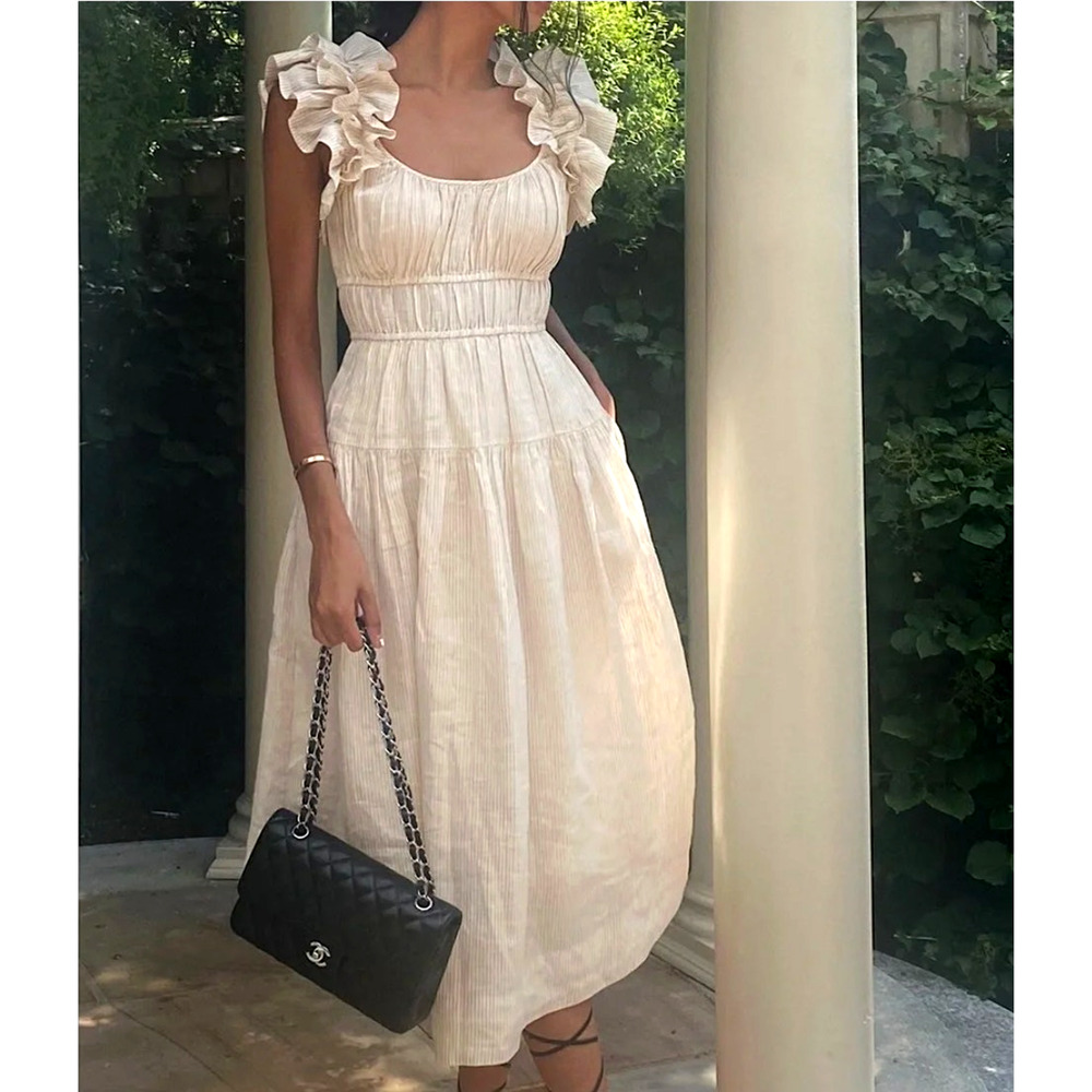 Ulla Johnson 8 Linen Rissa Midi Dress $525 Ruffle Puff Sleeve Smocked Waist Tan - Picture 2 of 11